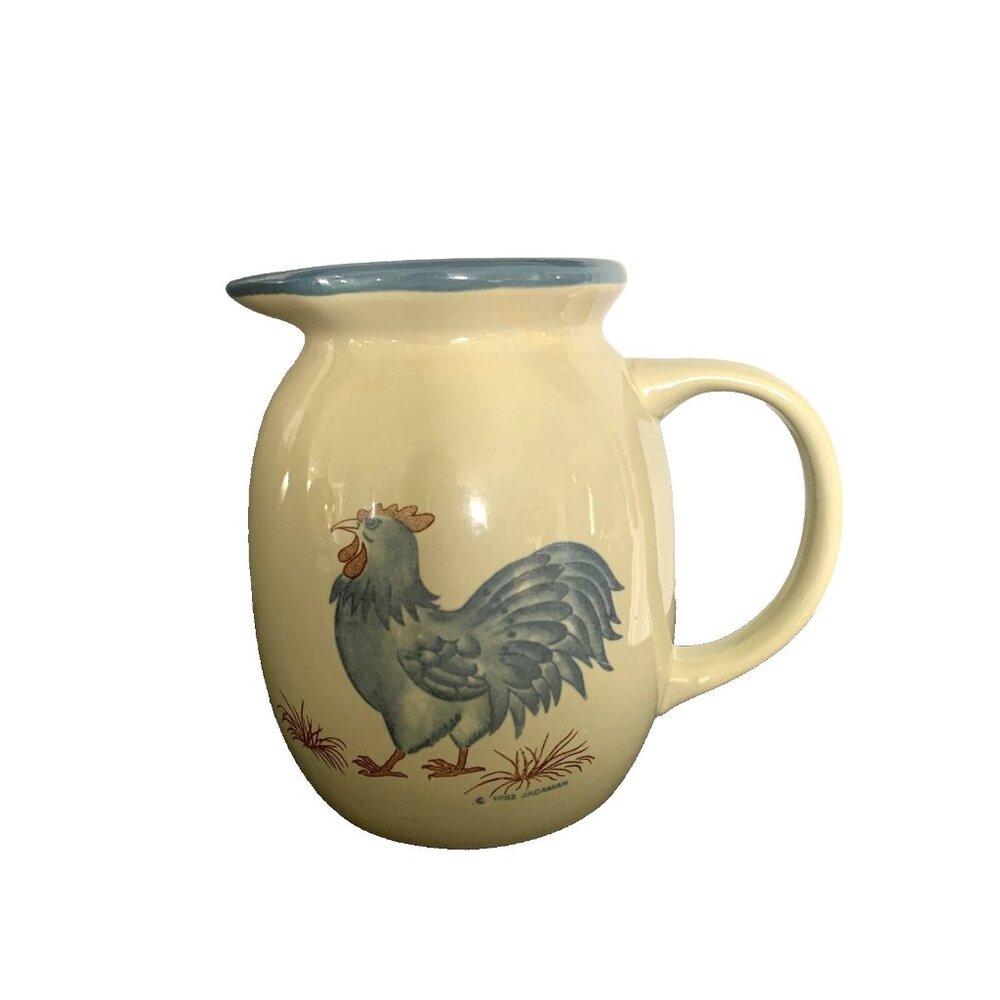 Jacaman Country Farmhouse Cream Blue Rooster 6” Pitcher With Handle 1983 Vintage